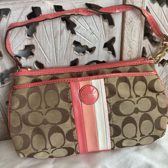 Coach Handbags - Coach Signature Brown and Pink Large Wristlet